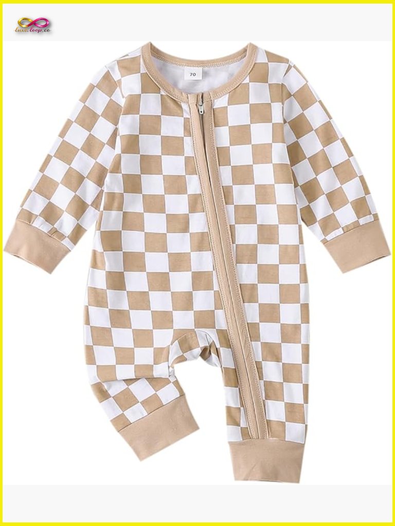 Newborn Baby Boy Girl Clothes Checkered Long Sleeve Zipper Romper Jumpsuit One